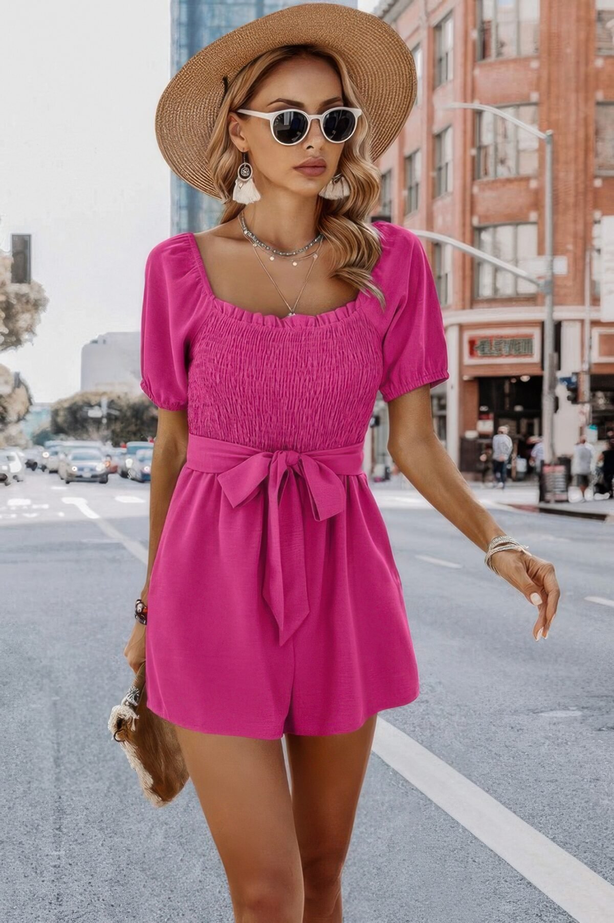 Solid Smocked Square Neck Waist Tie Romper - Image 1