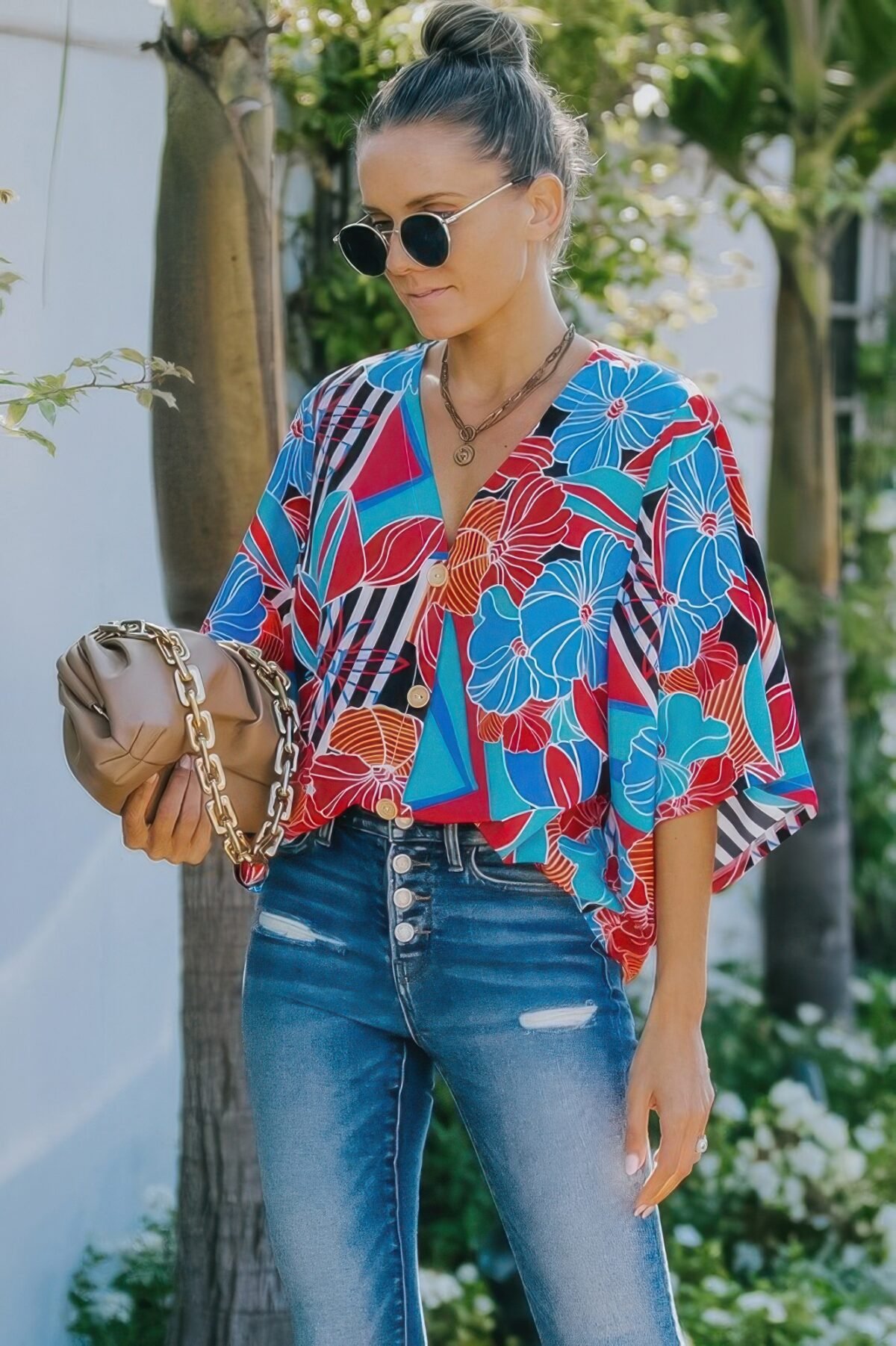V Neck Button Kimono Sleeve Top - Image 1