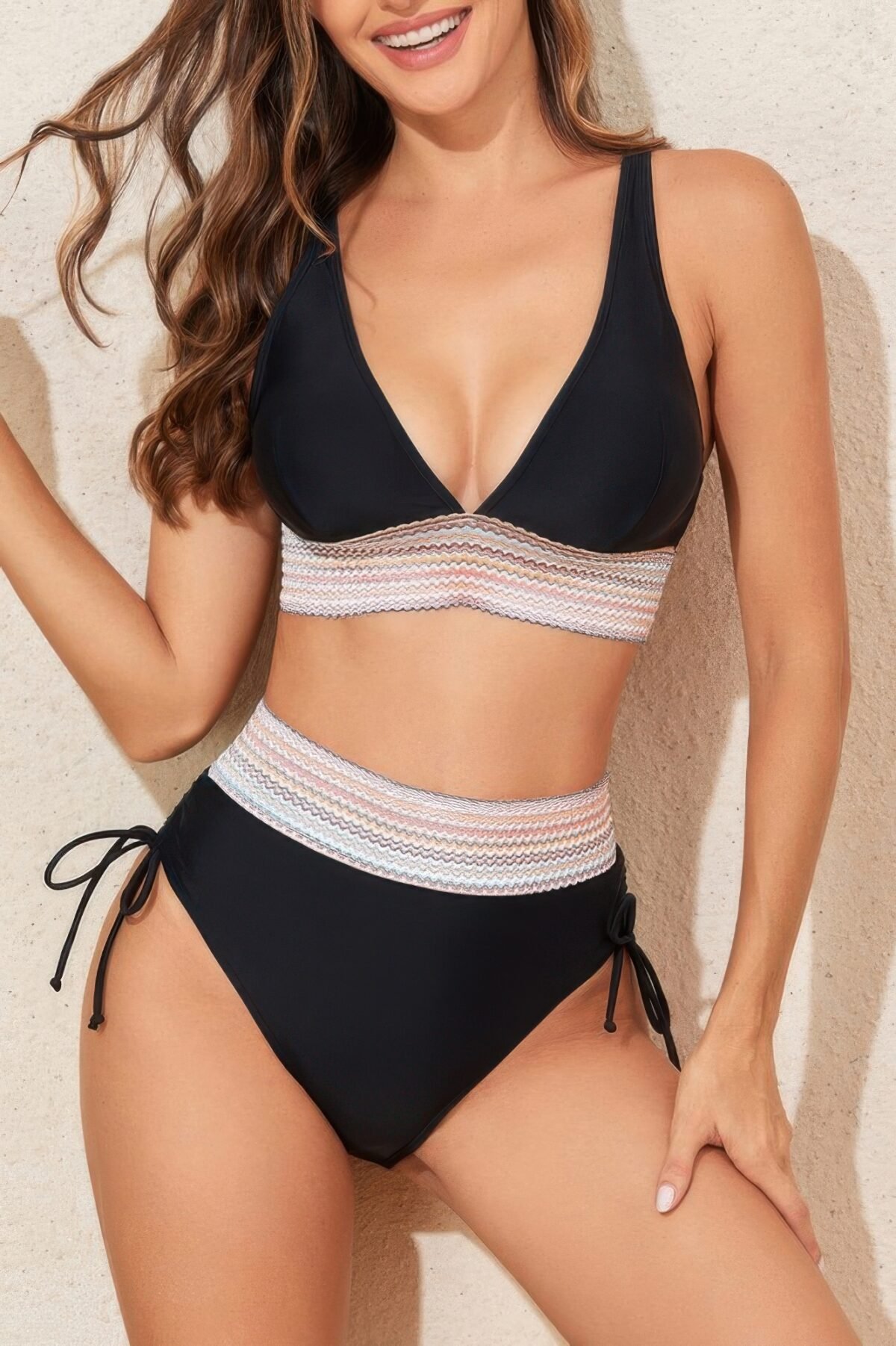 Two Pieces Elastic Wide Waist Band Knot Trimbikini - Image 9
