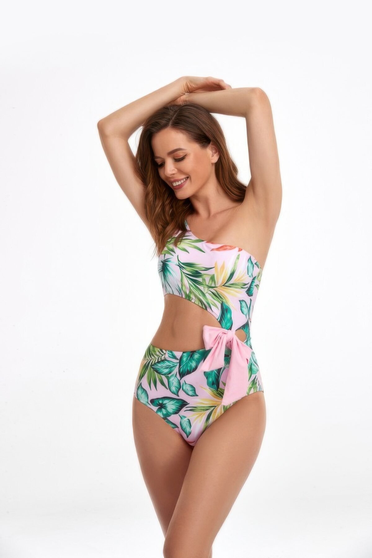 Solid One Shoulder Cut Out Waist Knot Swimsuit - Image 2