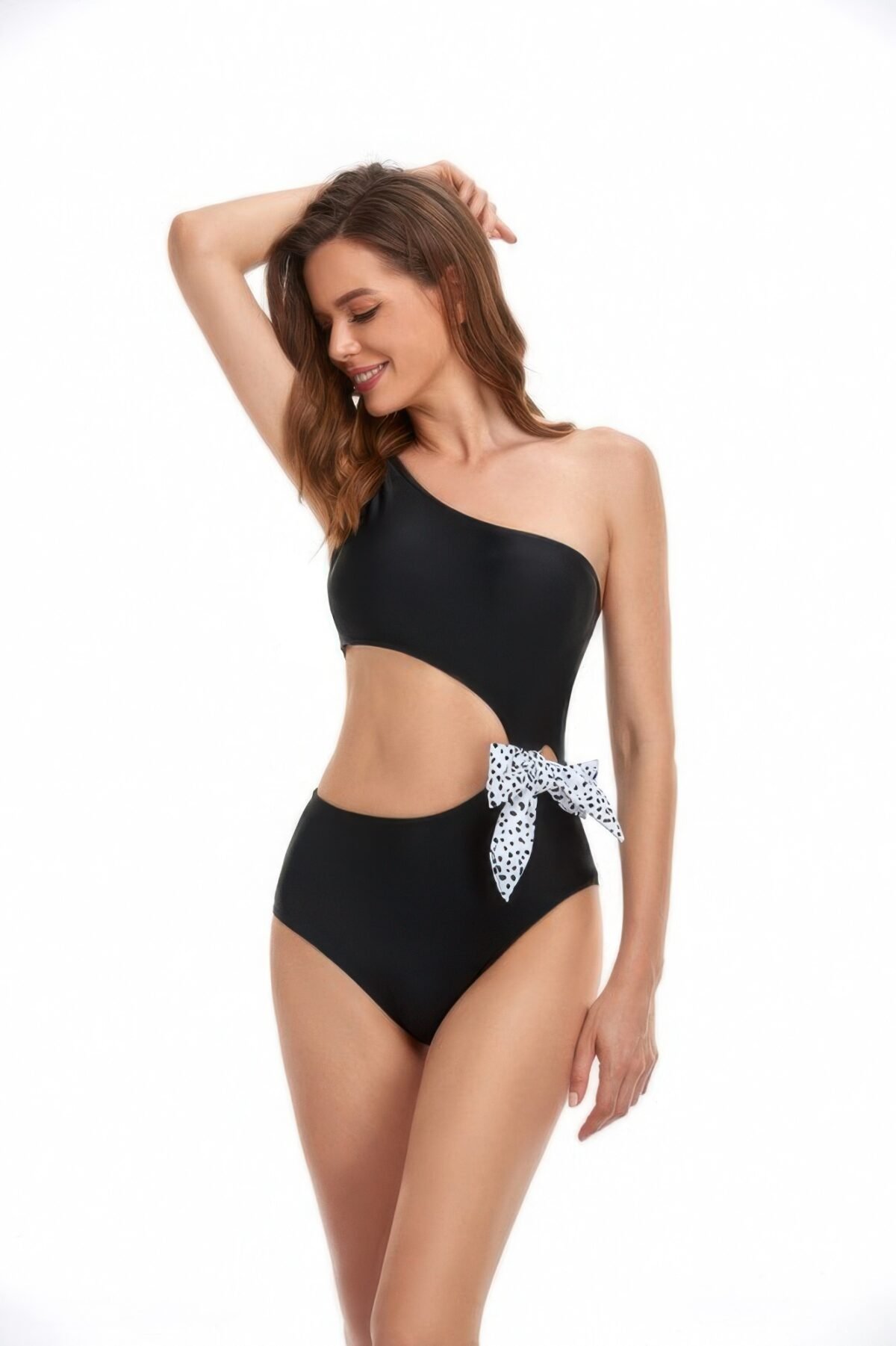 Solid One Shoulder Cut Out Waist Knot Swimsuit - Image 6