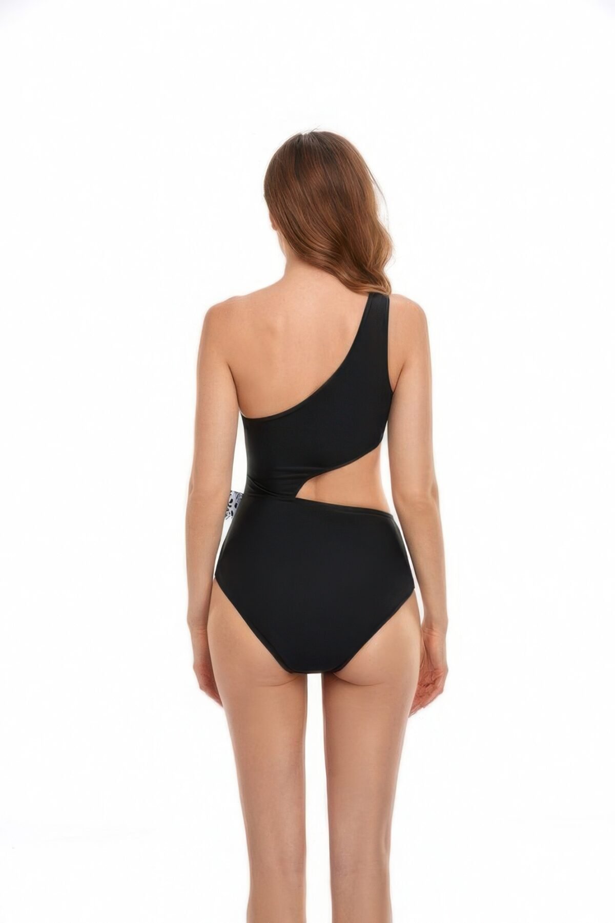 Solid One Shoulder Cut Out Waist Knot Swimsuit - Image 8