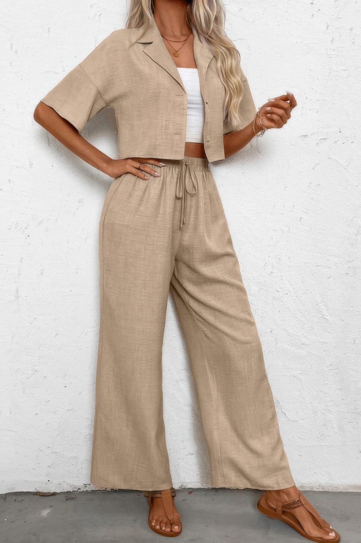 Drop Shoulder Tie Front Wide Leg Pant Set - Image 2
