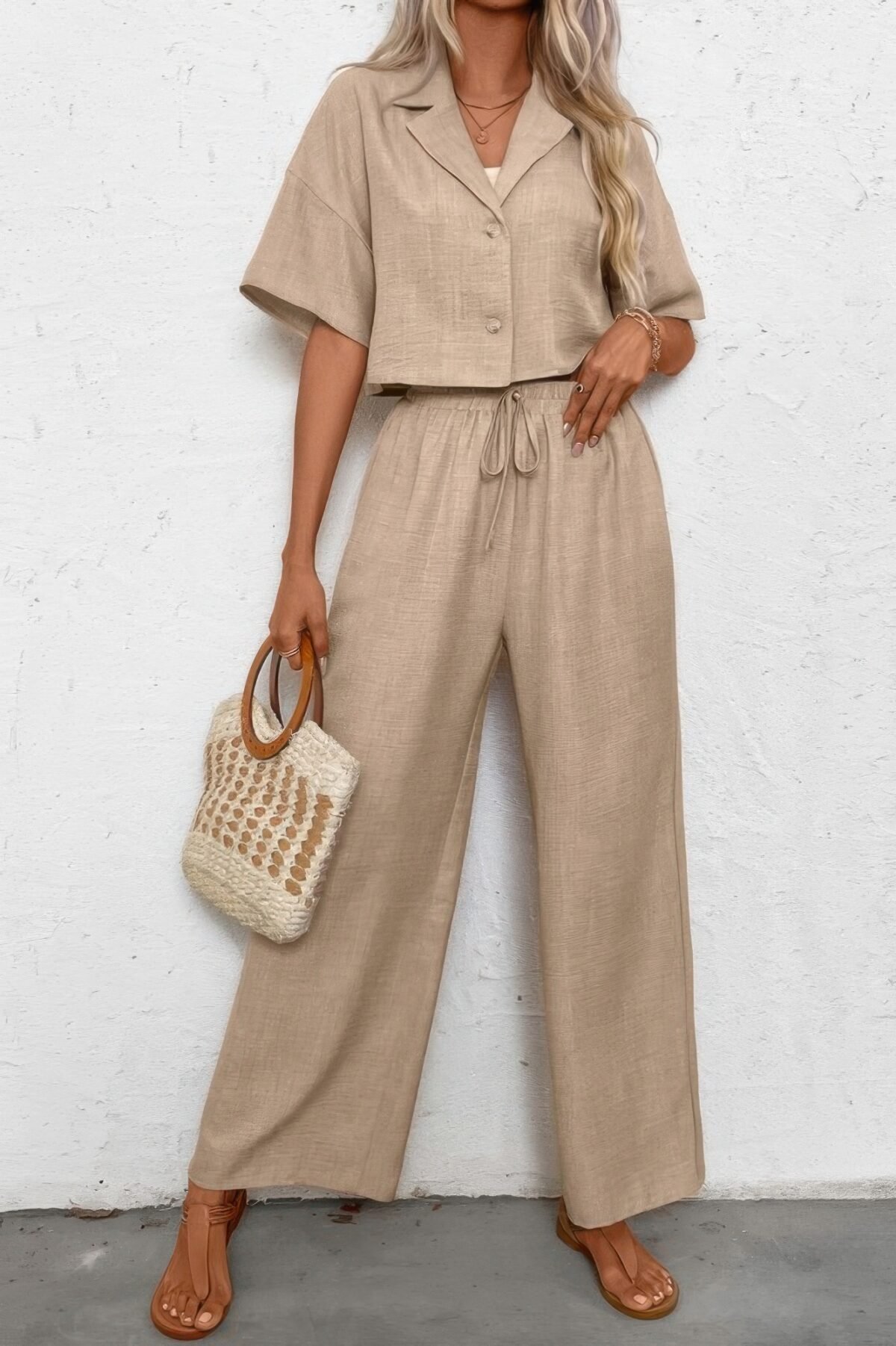 Drop Shoulder Tie Front Wide Leg Pant Set - Image 4