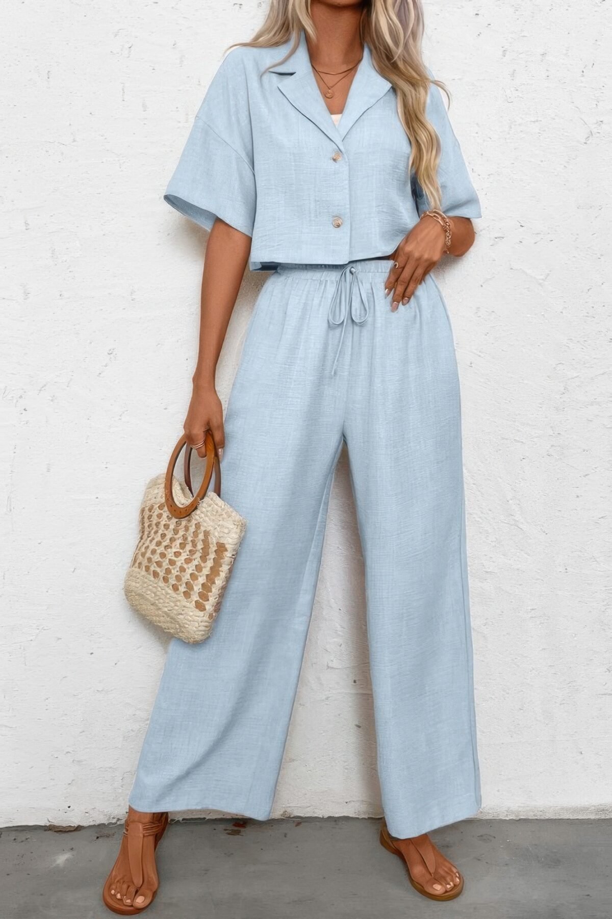 Drop Shoulder Tie Front Wide Leg Pant Set - Image 8