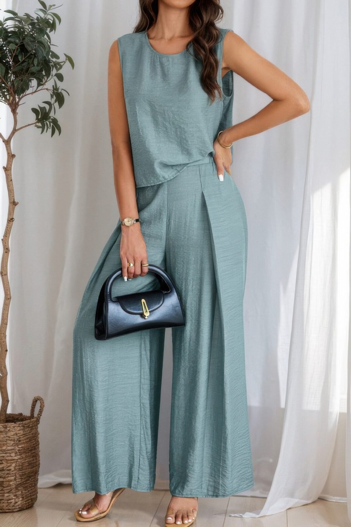 Two Pieces Solid Tank Wide Leg Pants Set - Image 1