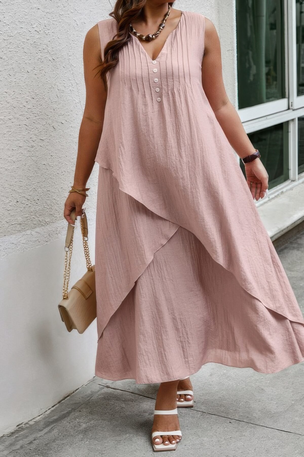 Solid Plus Notched Neck Wrap Sleeveless Loose Dress - Image 1