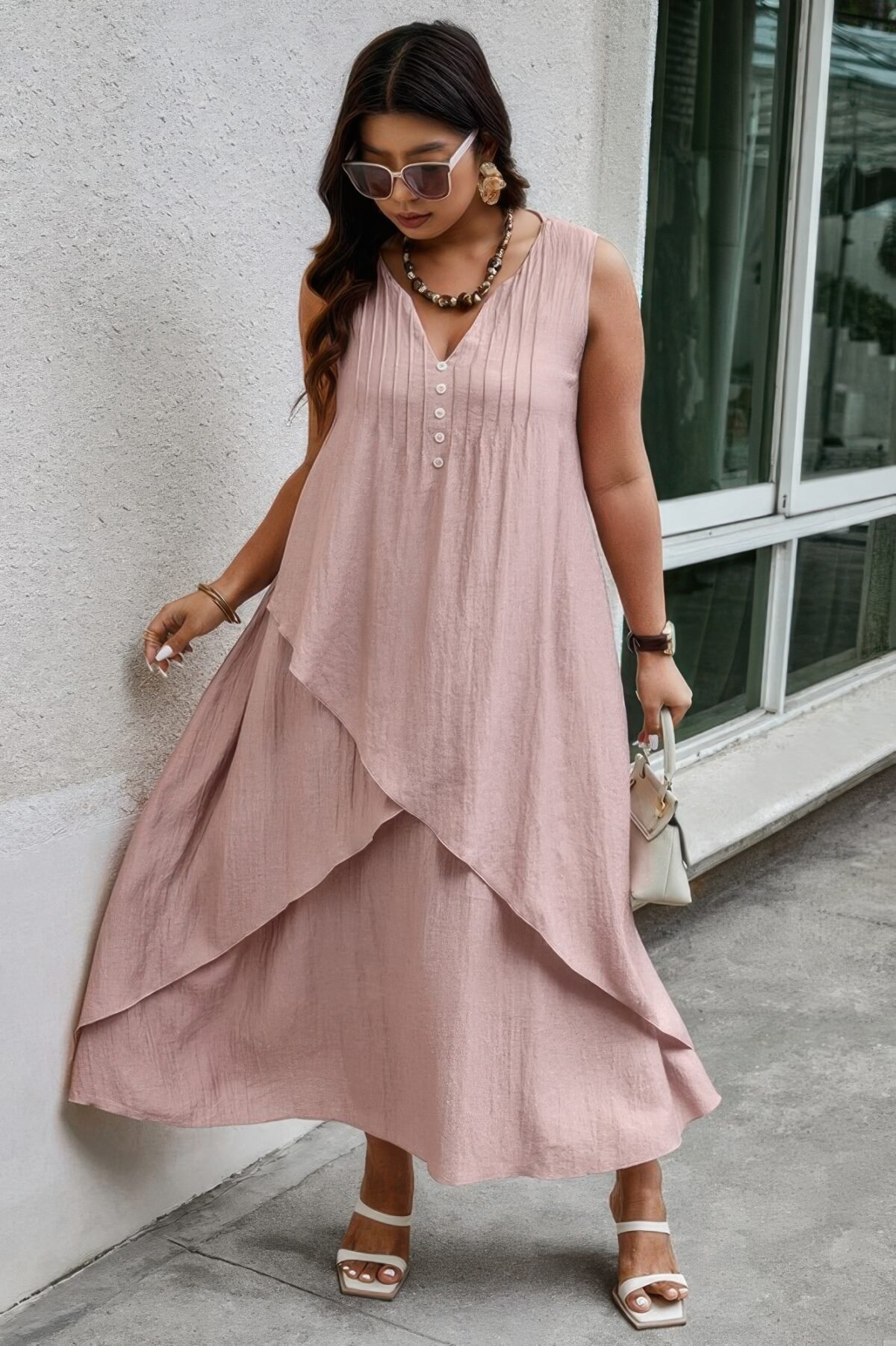 Solid Plus Notched Neck Wrap Sleeveless Loose Dress - Image 3