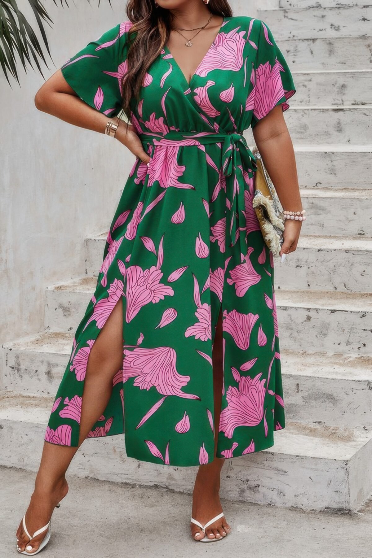Plus Floral Short Sleeve Split Belted Midi Dress - Image 1