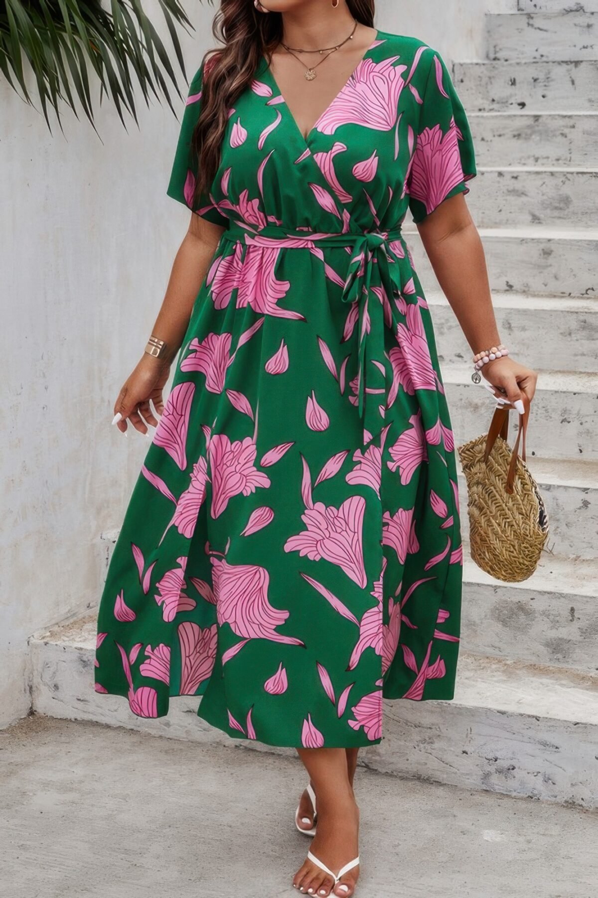 Plus Floral Short Sleeve Split Belted Midi Dress - Image 2