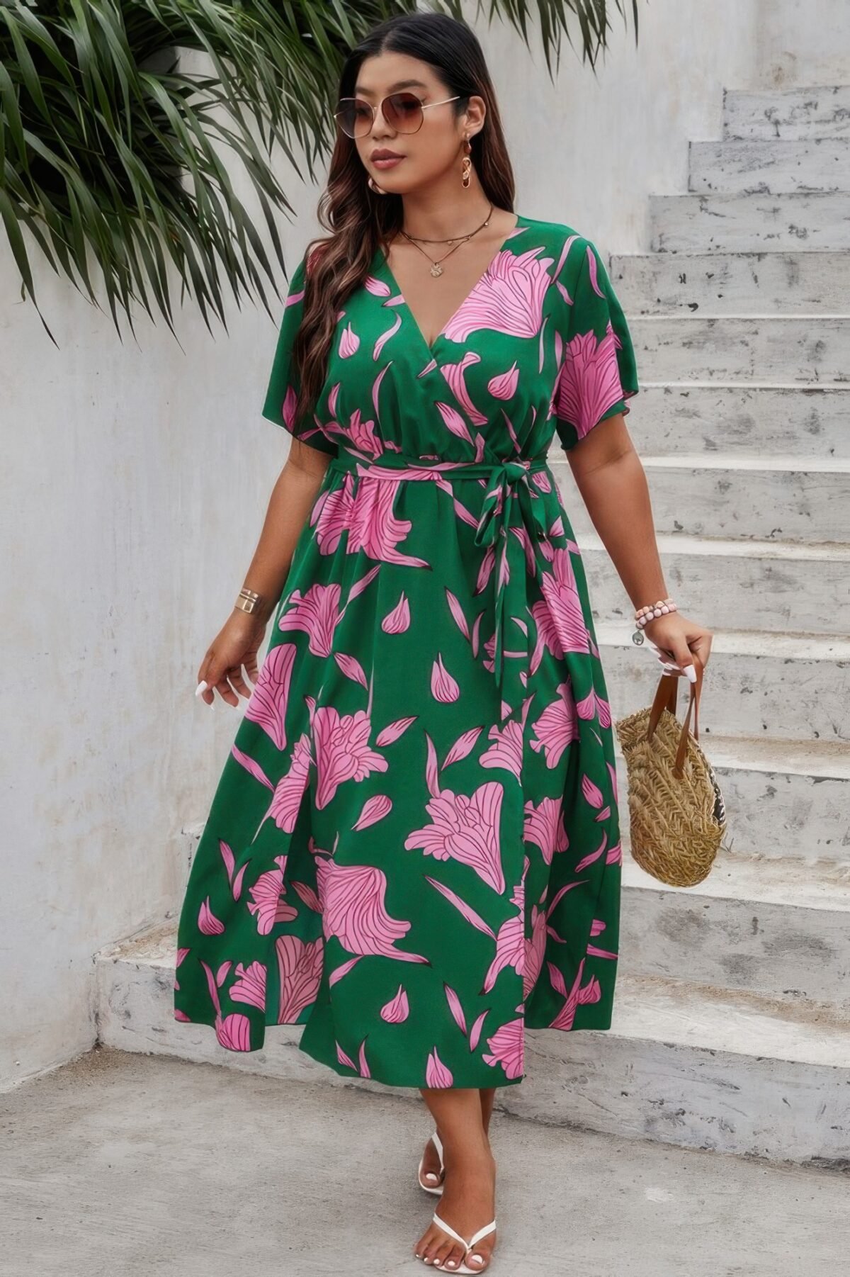 Plus Floral Short Sleeve Split Belted Midi Dress - Image 5