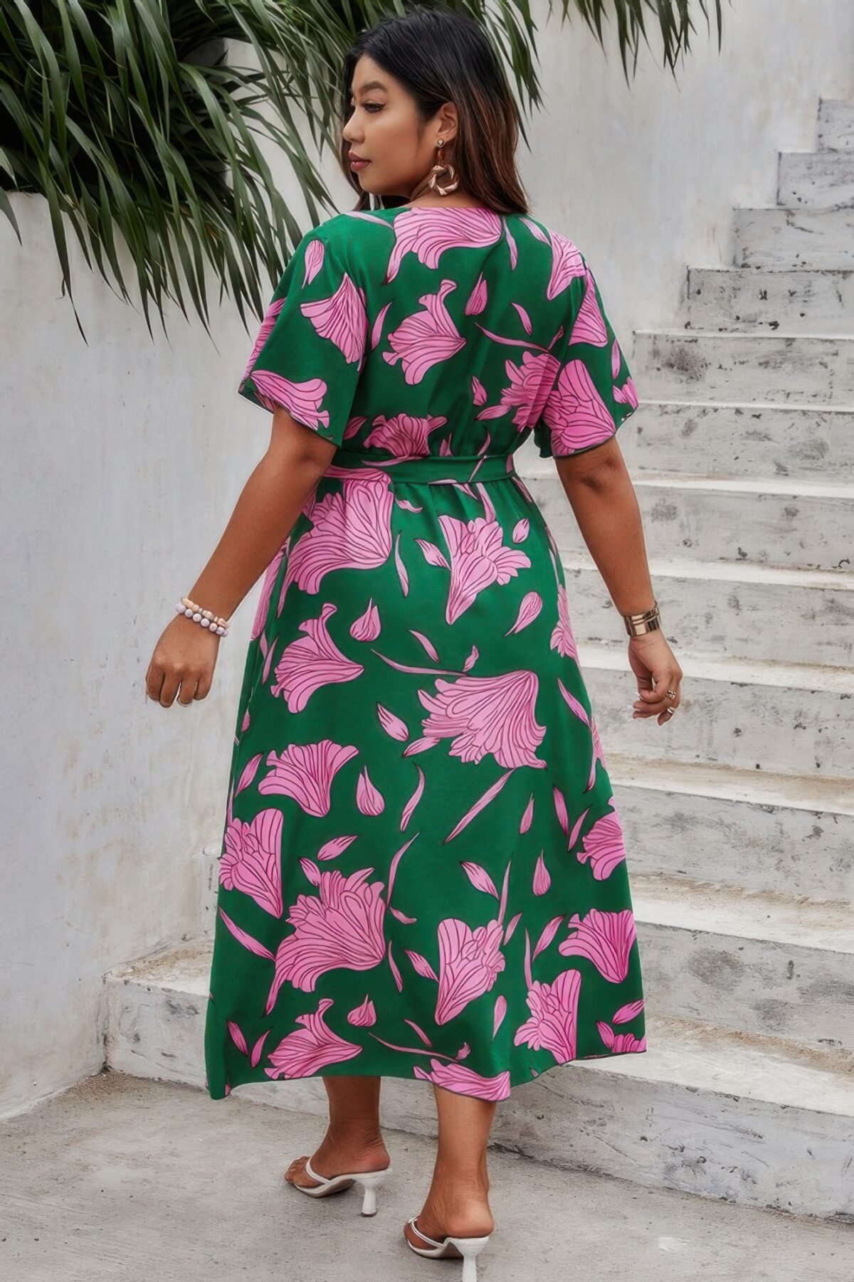 Plus Floral Short Sleeve Split Belted Midi Dress - Image 6