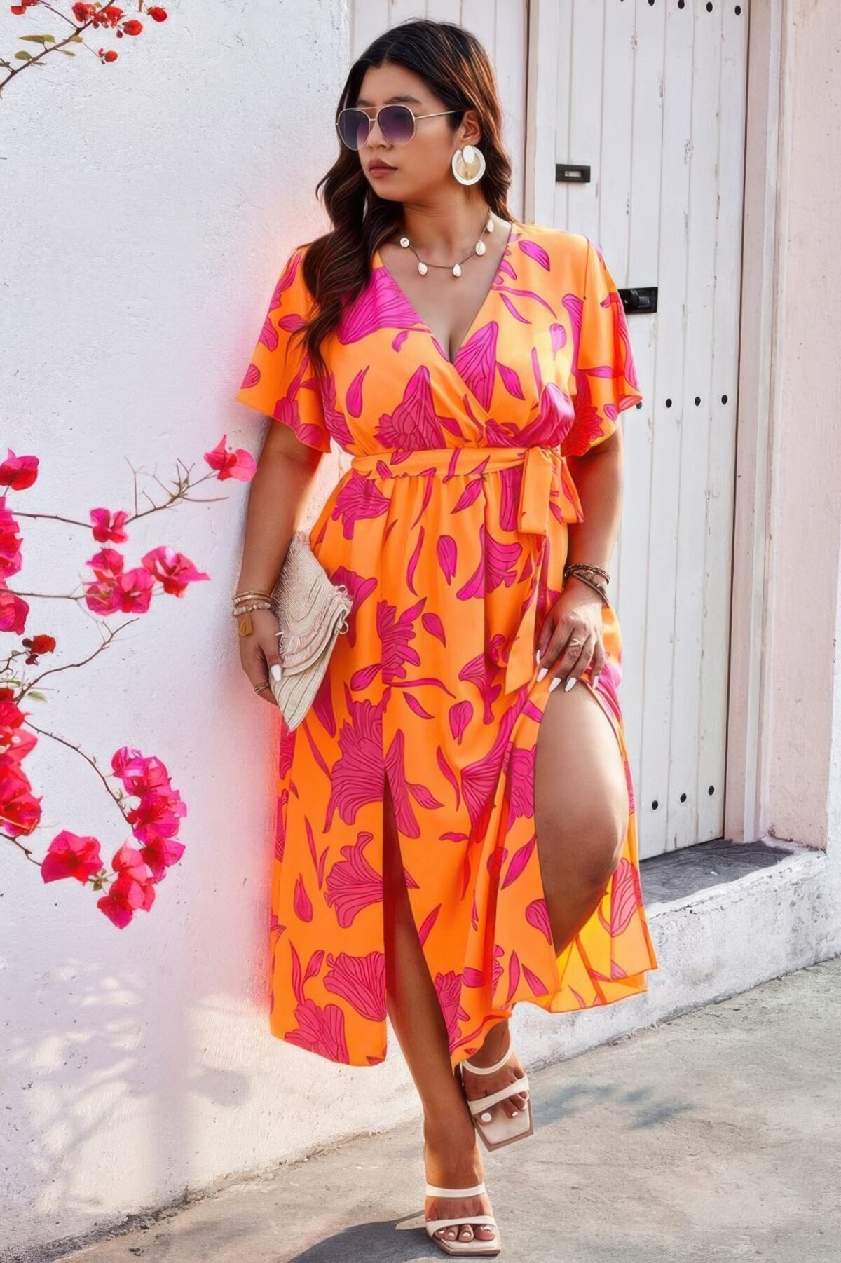Plus Floral Short Sleeve Split Belted Midi Dress - Image 7