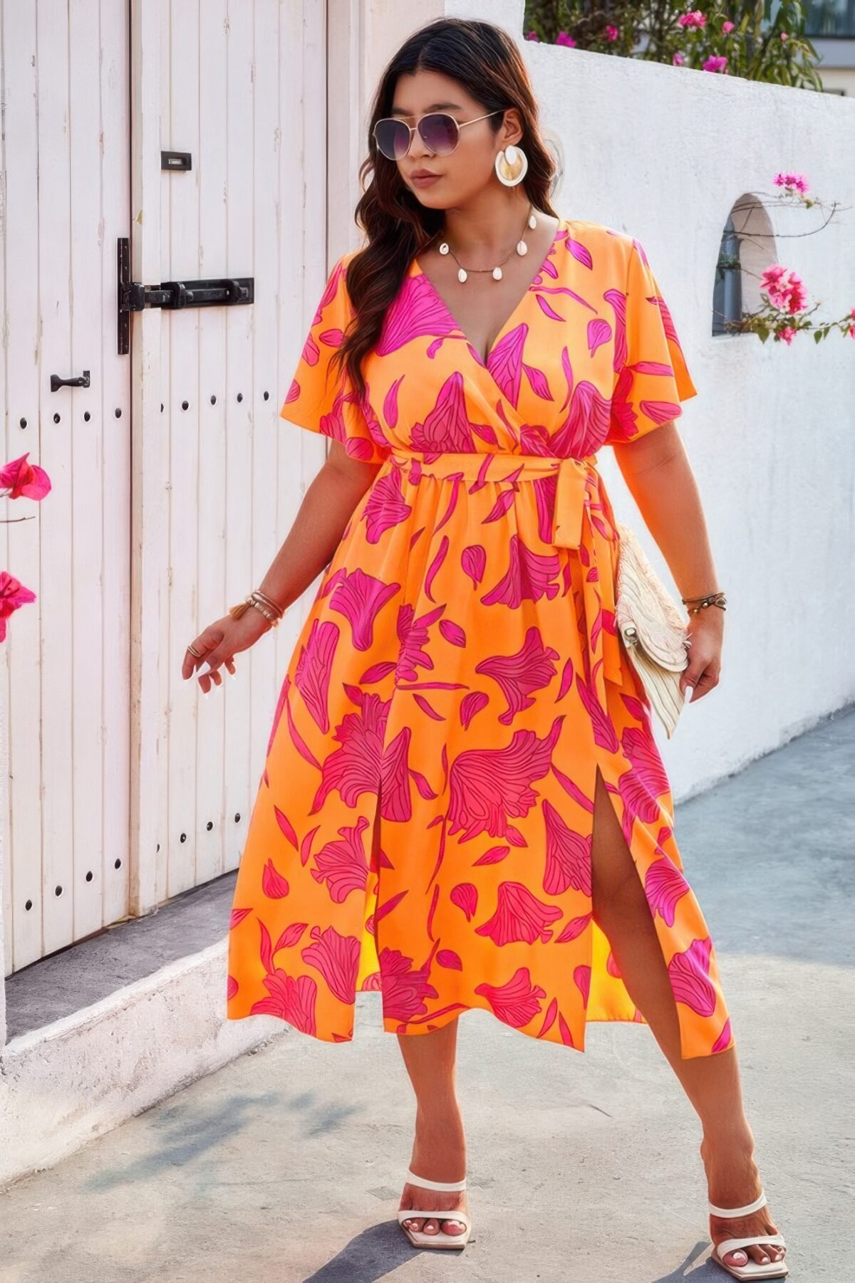Plus Floral Short Sleeve Split Belted Midi Dress - Image 8