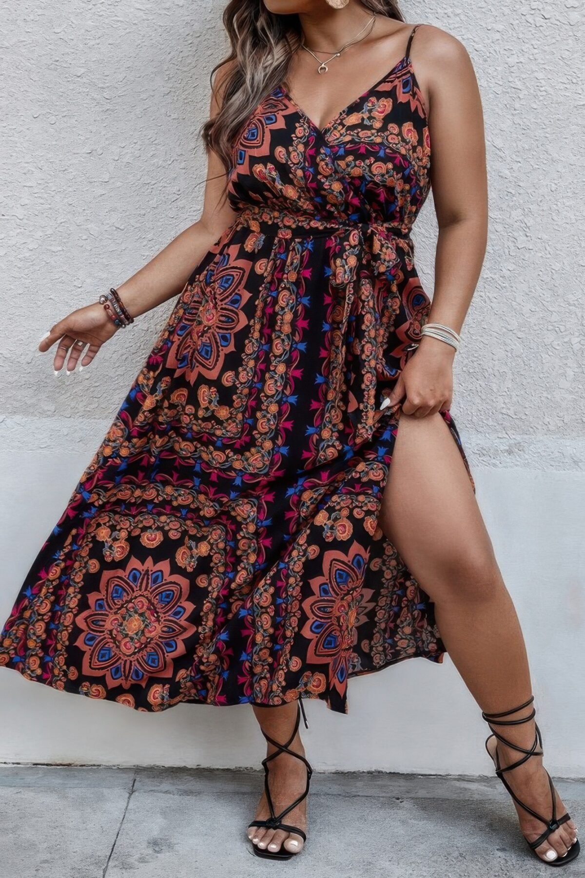 Plus Size Floral Belted Cami Boho Long Dress - Image 2