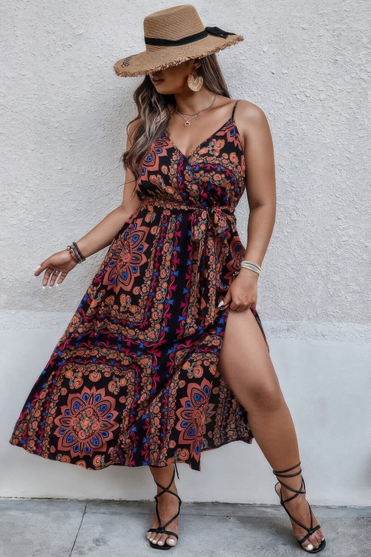 Plus Size Floral Belted Cami Boho Long Dress - Image 6