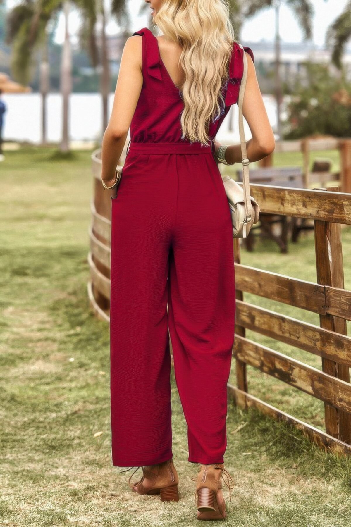 Solid Belt V Neck Wide Leg Fit Jumpsuit - Image 9